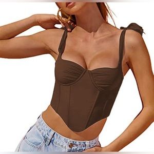 Women's Sexy Corset Crop Top Tie Up Shoulder Boned Bustier Shirts